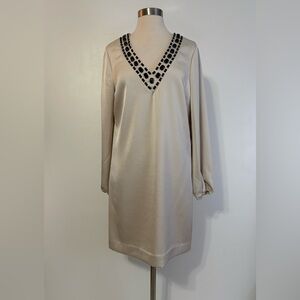 Trina Turk Beige Long-Sleeve V-Neck Jewel-Trim Dress